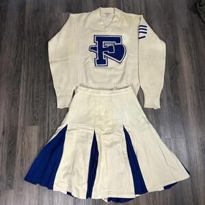 VTG true 50s Cheerleader Outfit Skirt & Knit Sweater Sutcliffes Sand Knit Chain